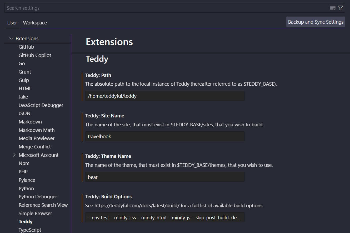 Teddy Editor settings
